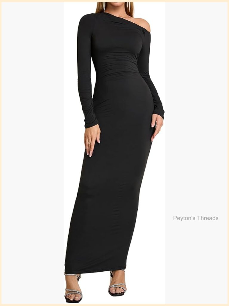 One Shoulder Long Sleeve Maxi Bodycon Ruched Formal Wedding Guest Dress